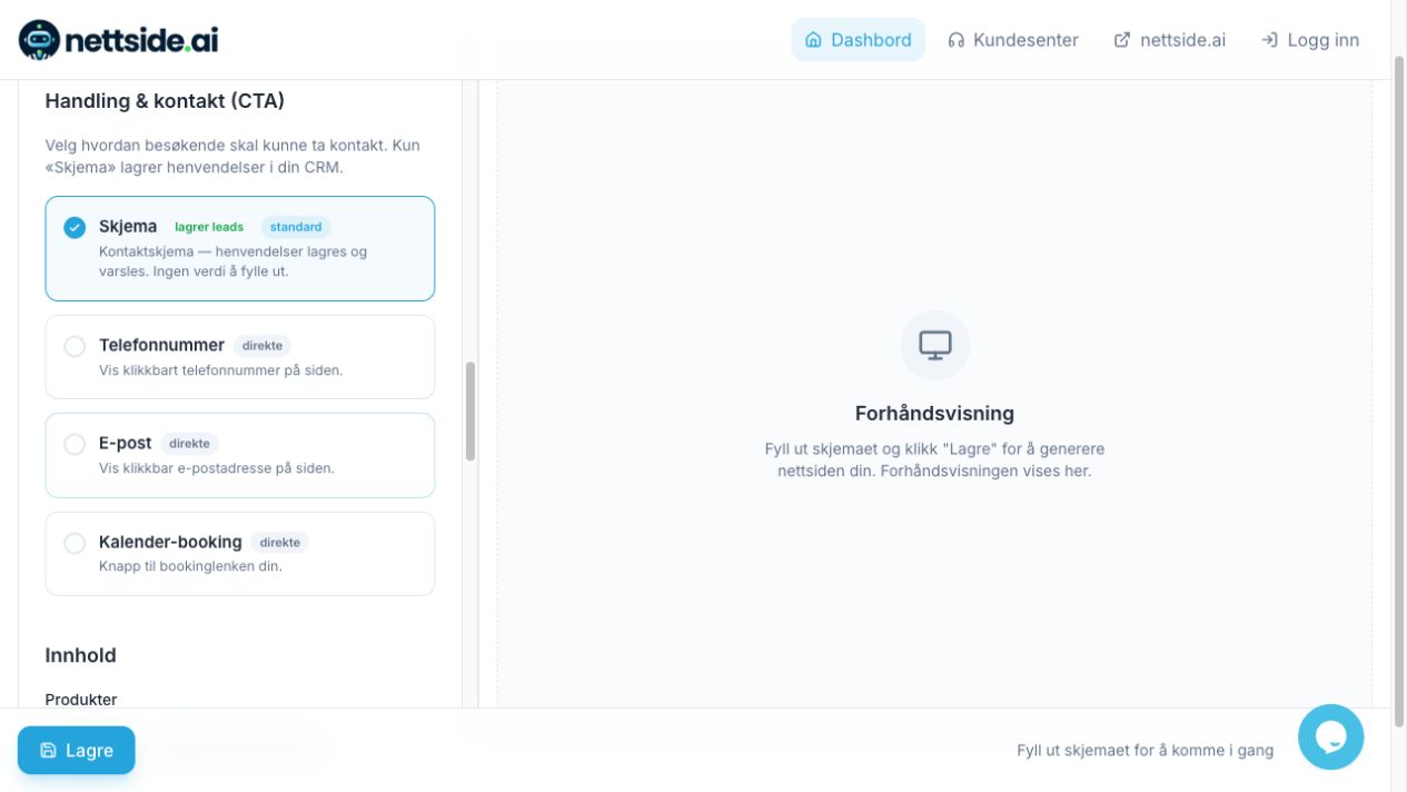 Handling & kontakt (CTA) i Nettside.ai med valg for skjema, telefonnummer, e-post og kalender-booking.