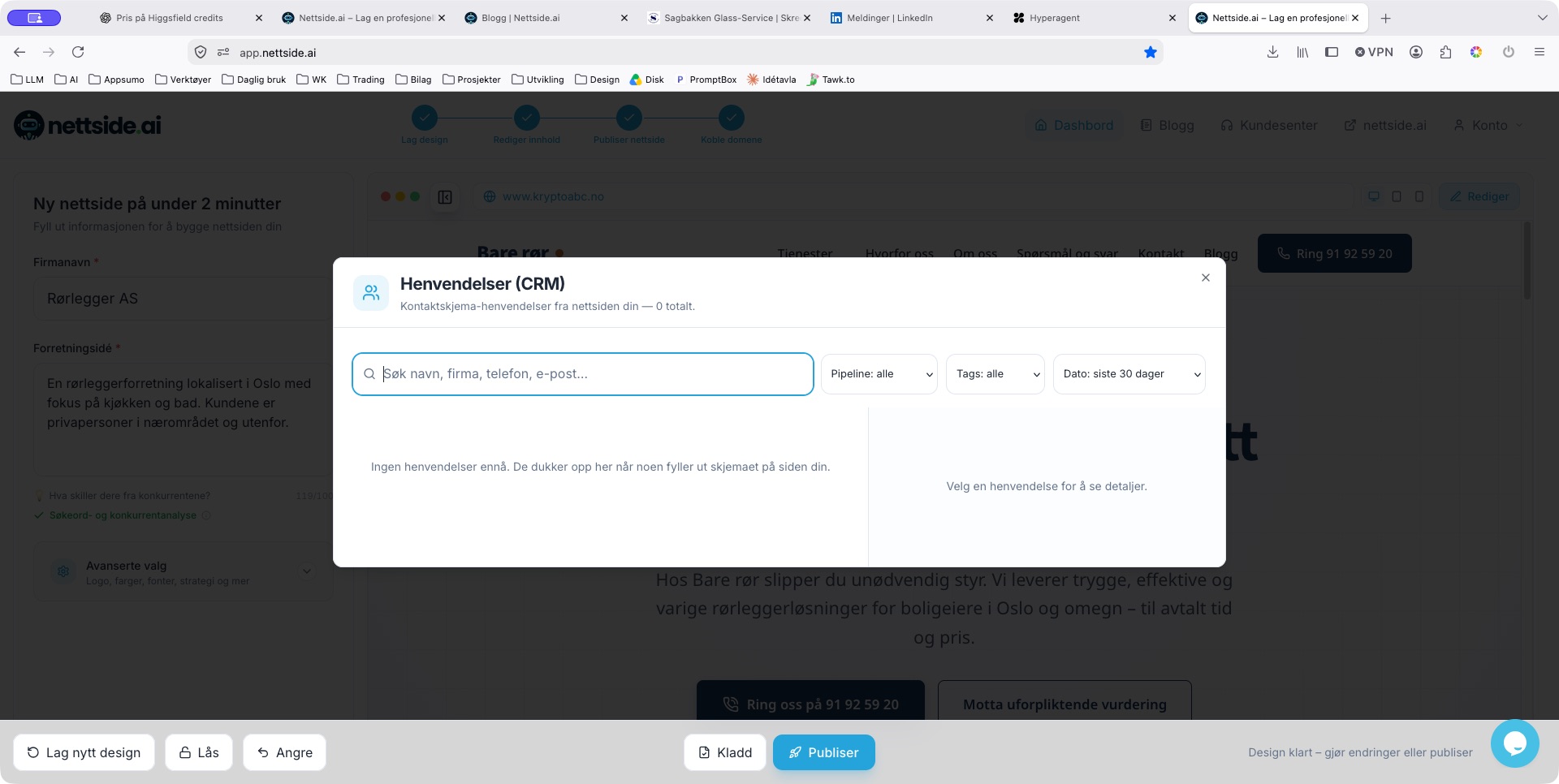 Henvendelser (CRM) i Nettside.ai med søk, filtre og en tom henvendelsesoversikt.