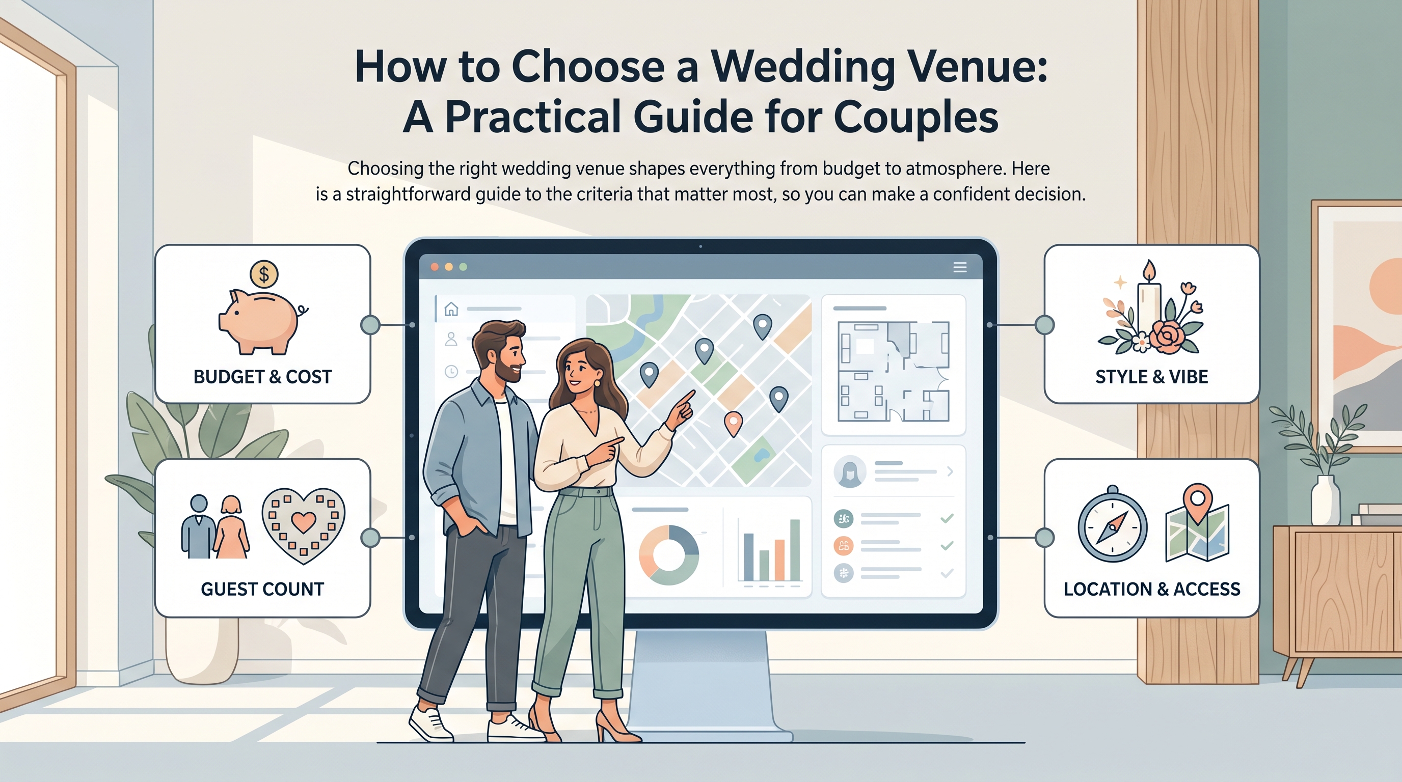 Illustrasjon til How to Choose a Wedding Venue: A Practical Guide for Couples